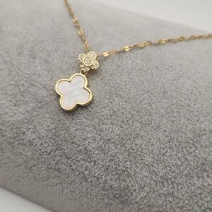 18K Gold Plated Stainless Steel Double  Clover Pendant Necklace, Pearl White